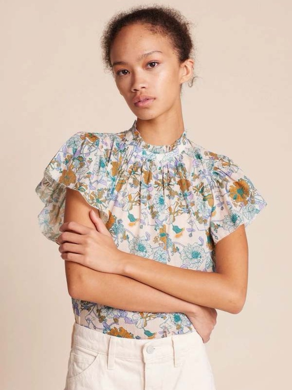 NWT Trovata Birds of Paradise Carla High-neck shirt in Violet Tendril Size XS